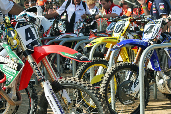 The Pro Open bikes in the pre-start staging area before the motos at Canberra's MX Nationals round.