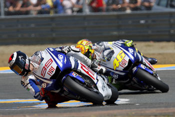 Lorenzo won over teammate Rossi at Le Mans on Sunday.