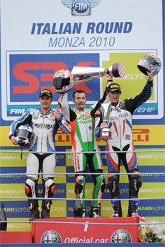 Biaggi, Haslam and Corser celebrate race two at Monza.