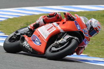 Stoner was the fastest on Friday at Jerez despite a last-minute fall.