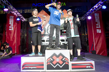Sherwood, Pastrana and Adams stand tall on the X Games Freestyle podium.