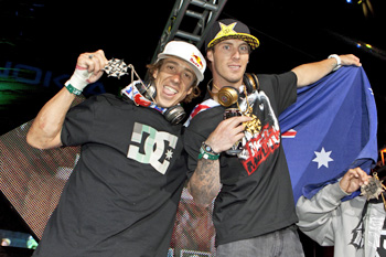Aussies Robbie Maddison (left) and Cam Sinclair (right) took a one-two finish in Best Trick at X Games.