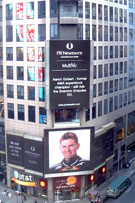 Aaron Gobert was featured in New York's Times Square in the lead-up to the Laguna Seca e-Power event.