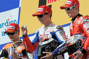 Jorge Lorenzo, Dani Pedrosa and Casey Stoner mark the top three in the MotoGP title chase.