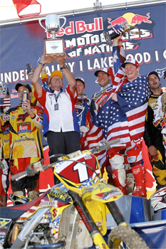 Team USA celebrate their MXoN race victory at home in Colorado on Sunday.