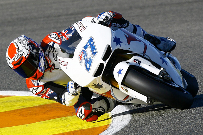 Casey Stoner impressed on an Australian-themed factory Honda on debut at Valencia. Image: MCN.