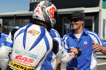 Demolition Plus GAS Honda teammates Maxwell and Brookes celebrate Superpole at The 6 Hour. Image: Keith Muir.